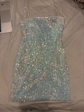 Iridescent Sequin Mini Dress in Light Blue